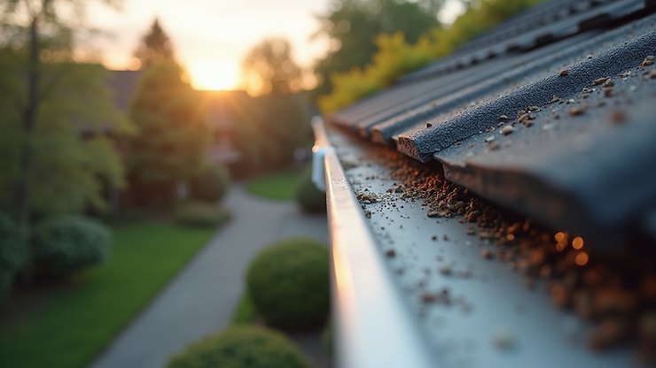 Eye-level view of clean gutters on a residential roof
